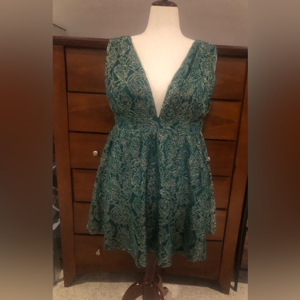 Lulu's Teal Green Lace Plunge Mini Dress - Picture 2 of 11